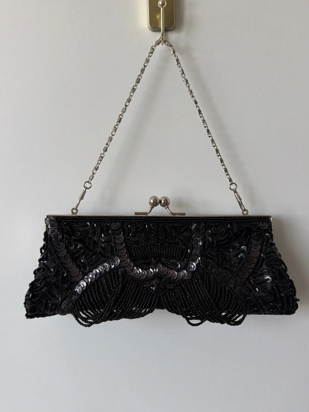 Vintage Noir Beaded Baguette Bag | Hand-Beaded Art Deco Evening Purse